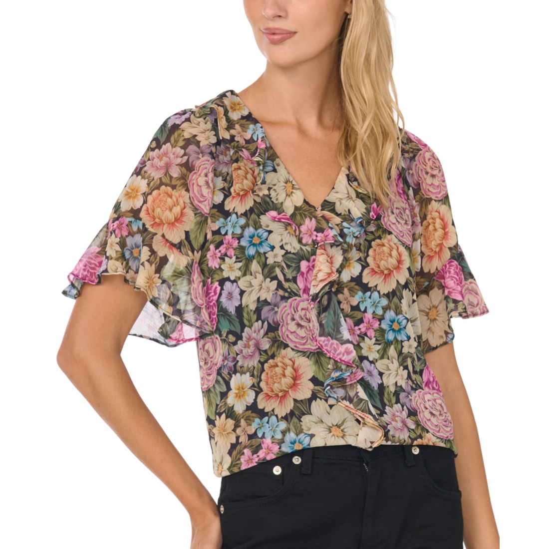 Cece Women's Short-Flutter-Sleeve Floral Ruffle Blouse