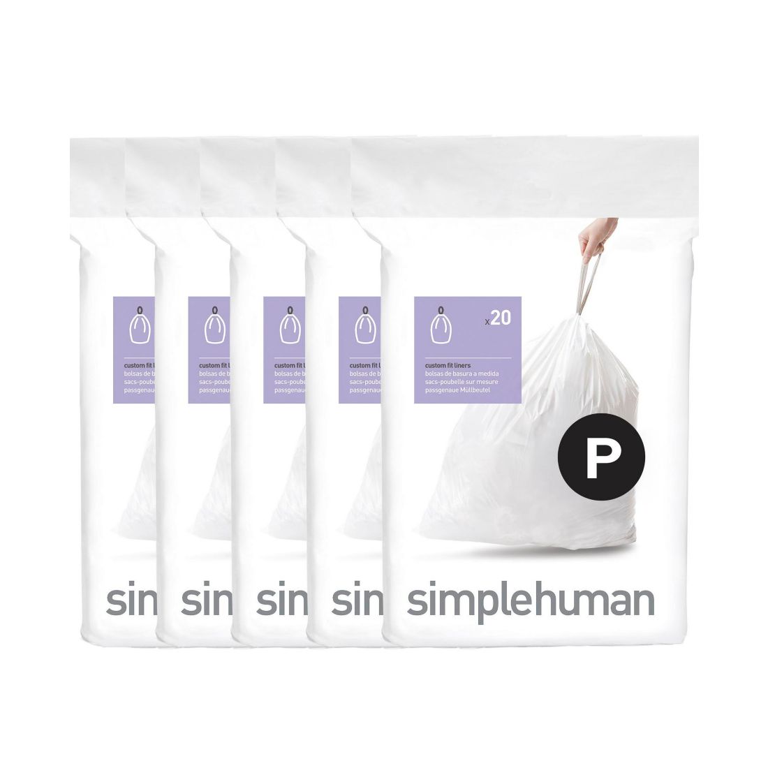 Simplehuman Code P 100pk Custom Fit Liners with 5 Quick Dispense Packs, 50-60L Kitchen Trash Bag Liners