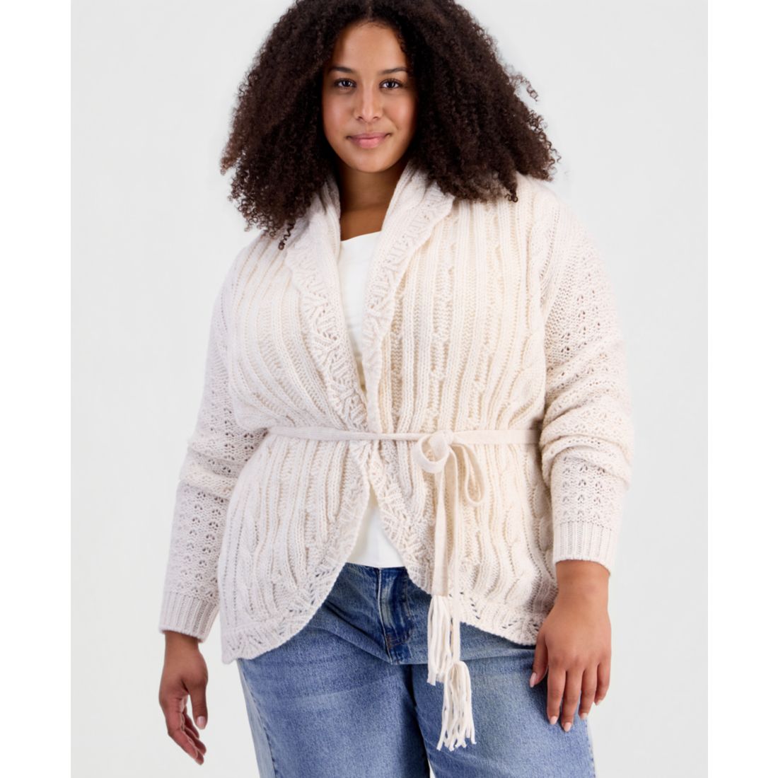 And Now This Plus size Tie Pointelle Shawl Collar Drop-Shoulder Cardigan, Macy's Exclusive