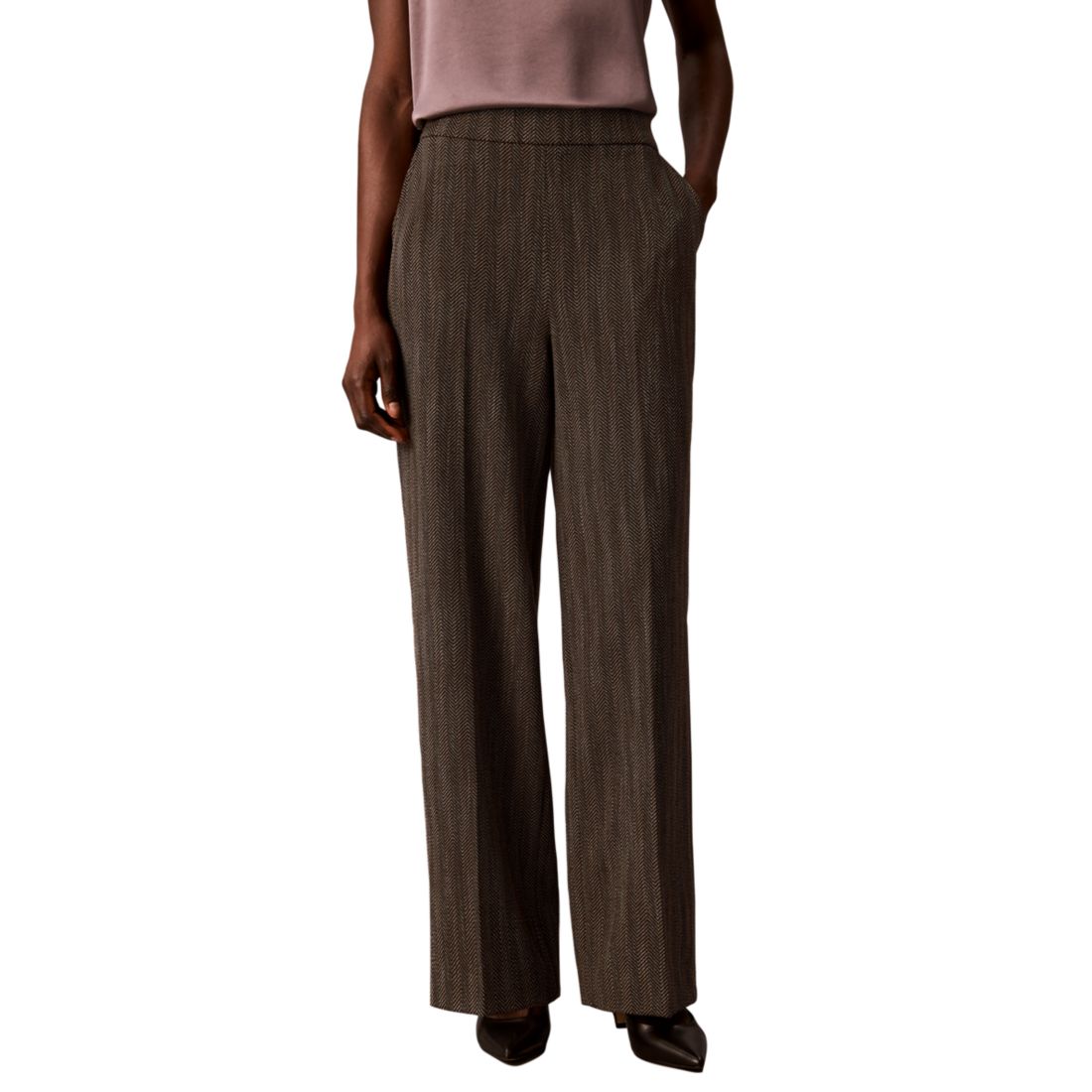Calvin Klein Women's Pull-On Wide-Leg Herringbone Pants