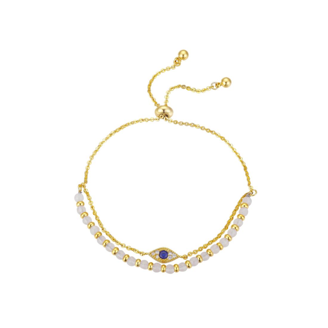 Unwritten Gold Flash-Plated Genuine White Quartz Evil Eye Multi-Strand Adjustable Bolo Bracelet