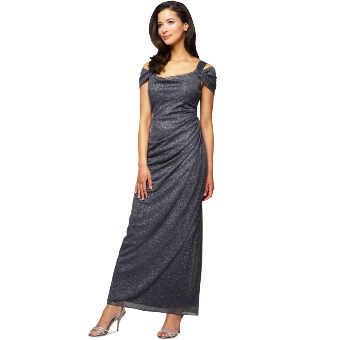 Alex Evenings Cold-Shoulder Draped Metallic Gown
