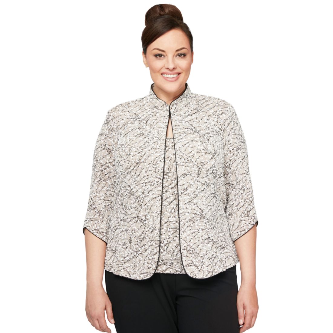 Alex Evenings Plus Size Printed Mandarin Jacket & Top Set
