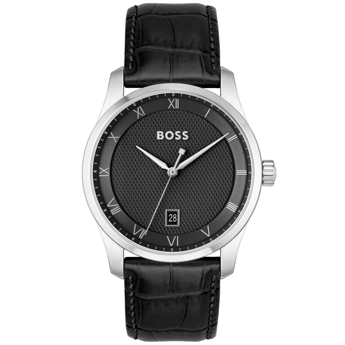 Hugo Boss Men's Principle Quartz Basic Calendar Black Leather Watch 41mm