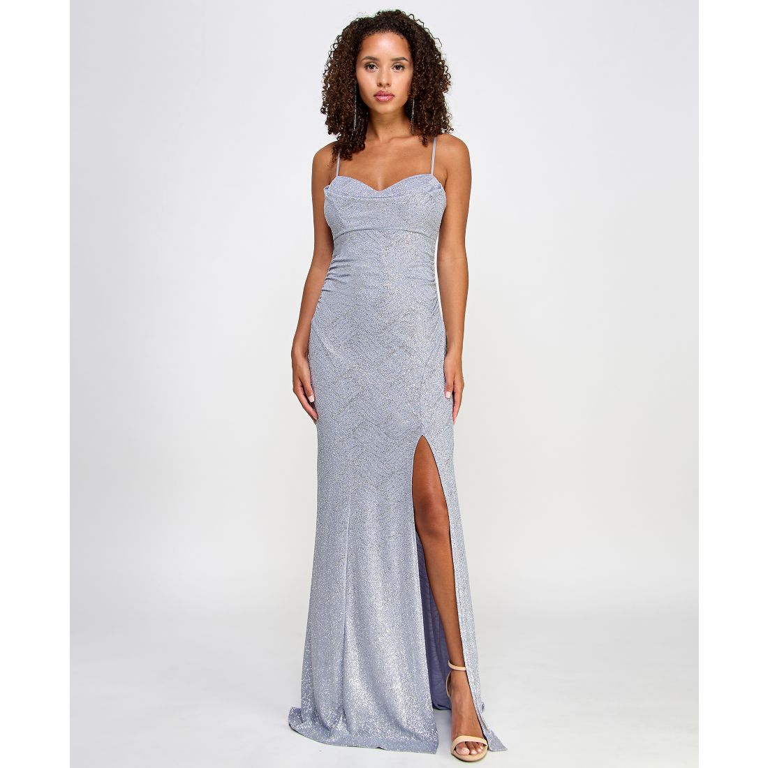 Emerald Sundae Juniors' Glitter Draped Front Gown