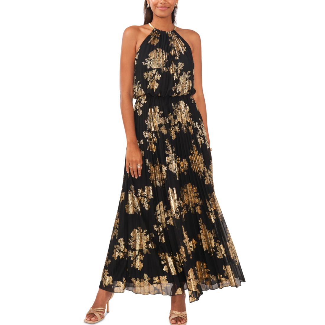 Msk Metallic-Print Pleated Blouson Gown
