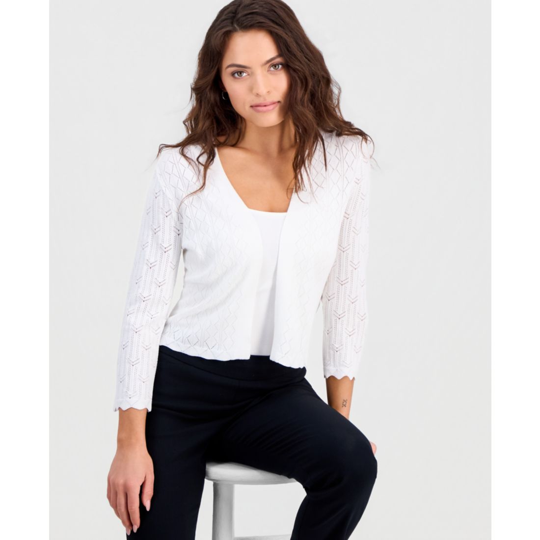 Robbie Bee Petite Pointelle Knit Open-Front Shrug