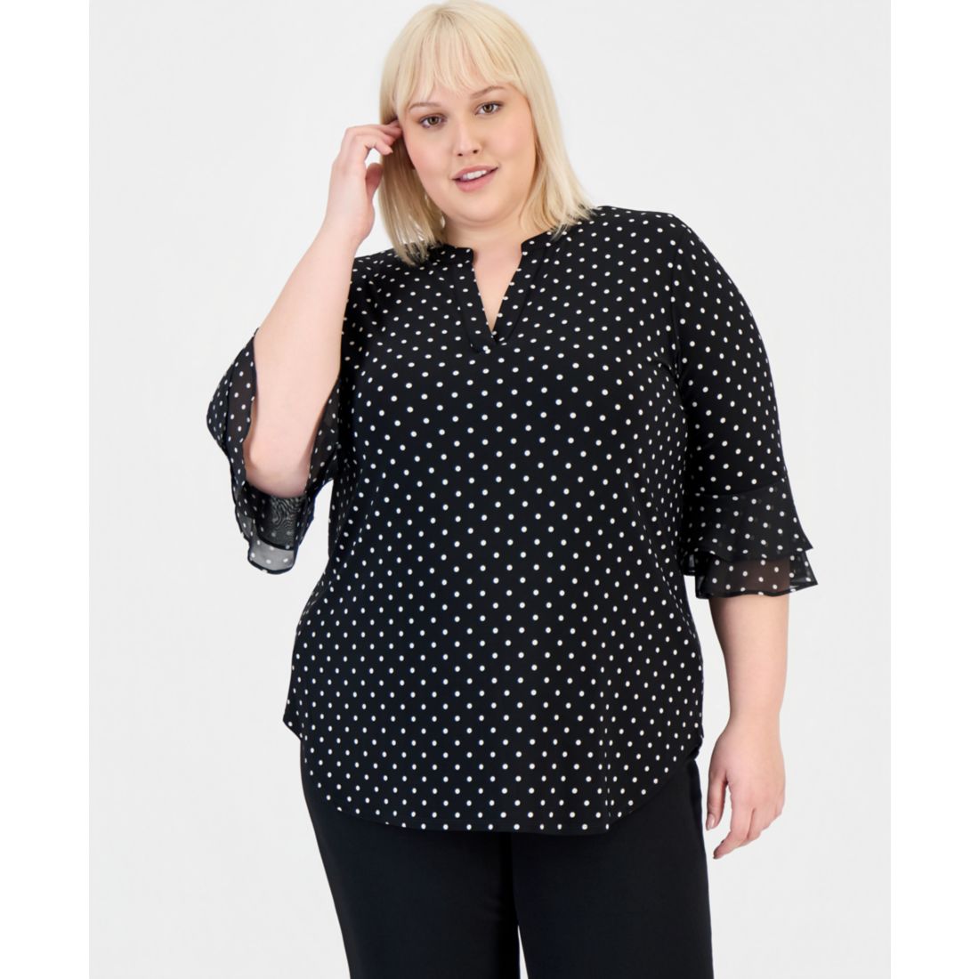 Kasper Plus Size Dot-Print Flutter-Sleeve Blouse