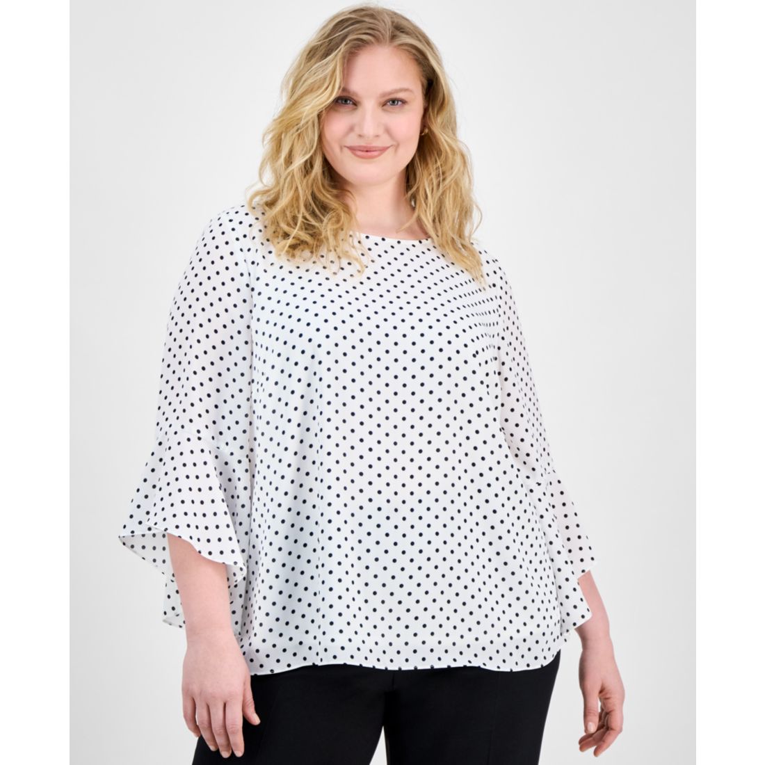 Kasper Plus Size Polka-Dot Ruffle-Sleeve Blouse
