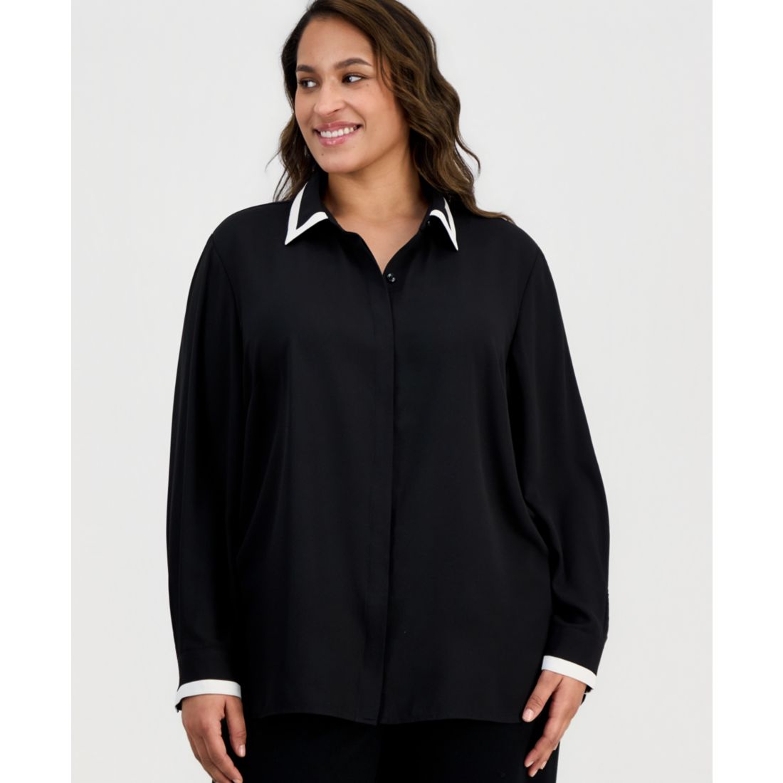 Anne Klein Plus Size Spread-Collar Button-Front Blouse
