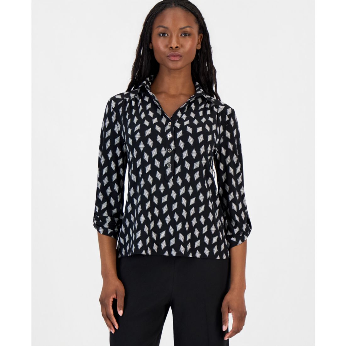 Anne Klein Essentials Petite Printed Collared 3/4-Sleeve Top