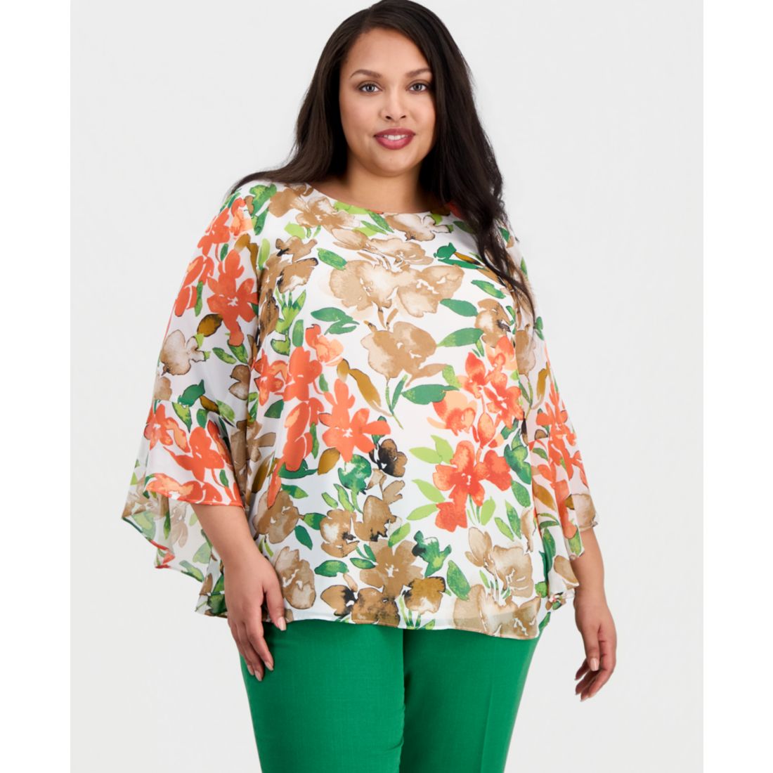 Kasper Plus Size Printed Ruffle-Sleeve Blouse