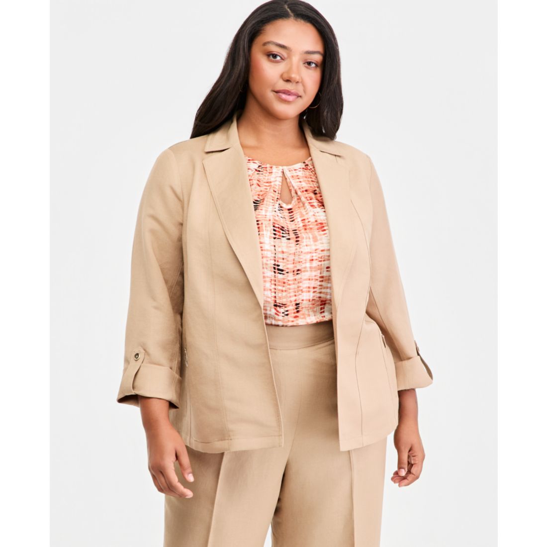 Kasper Plus Size Linen Open-Front Seamed Roll-Tab-Sleeve Blazer