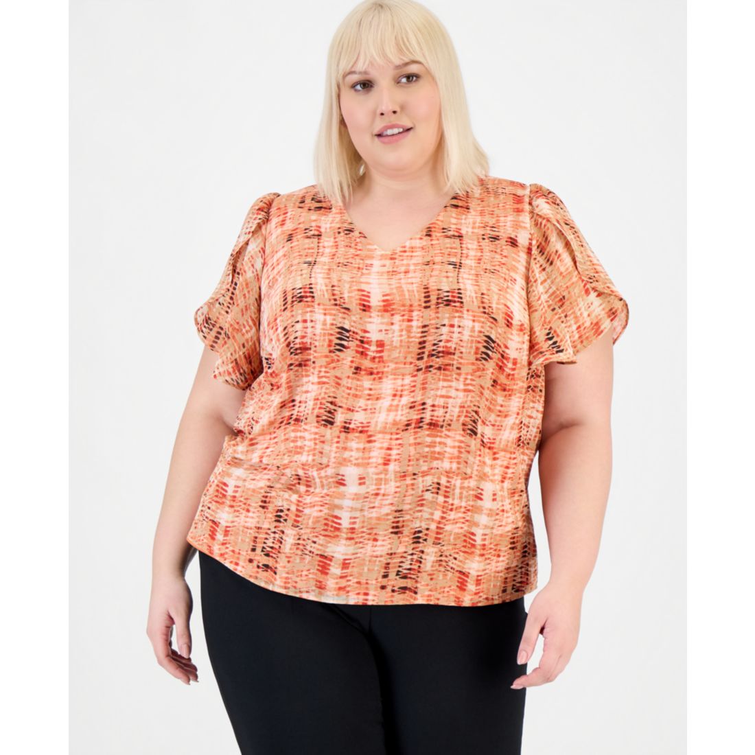 Kasper Plus Size V-Neck Tulip-Sleeve Top