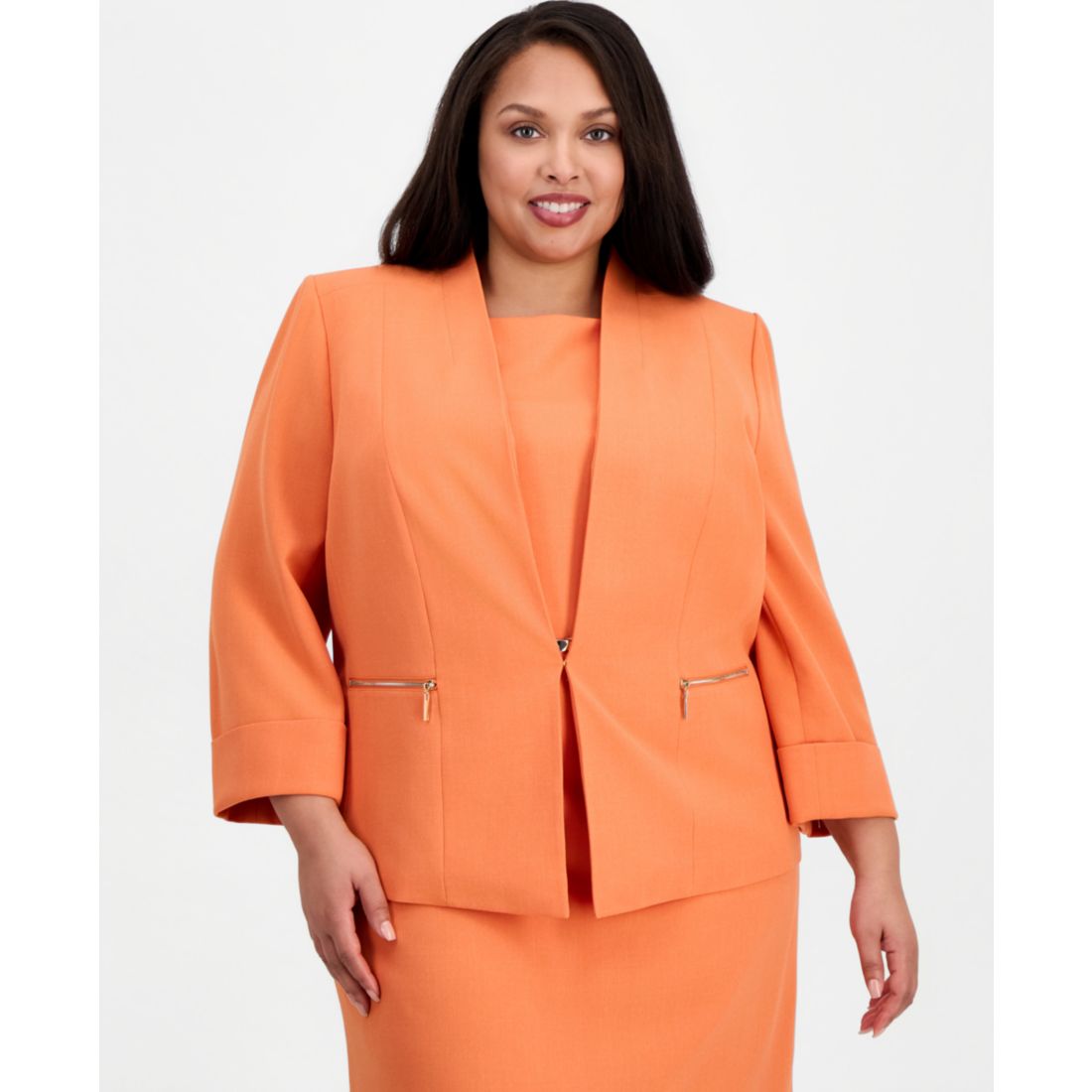 Kasper Plus Size Collarless Open-Front Zip-Pocket Jacket