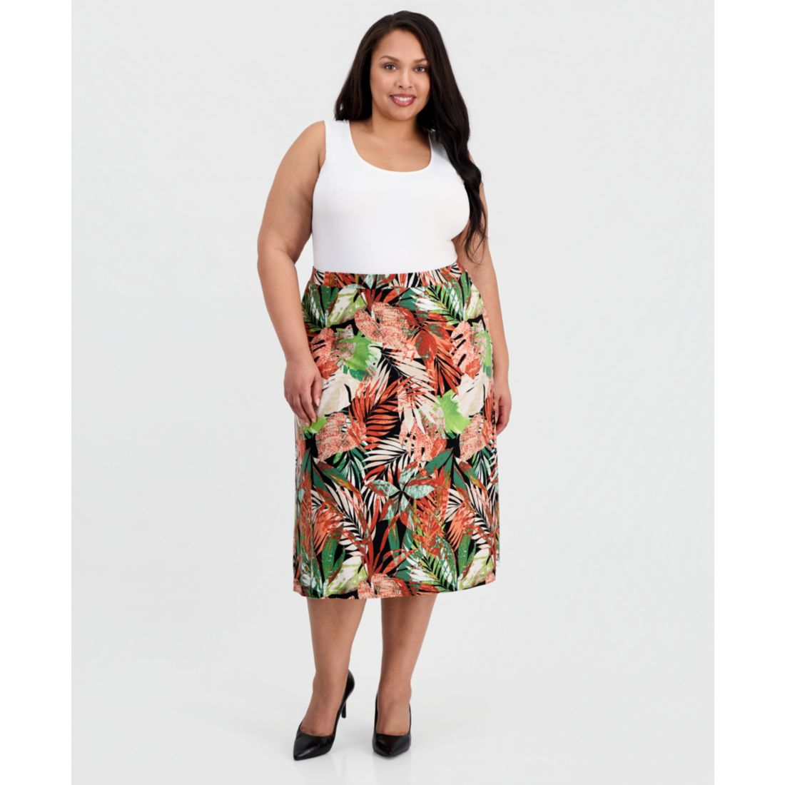 Kasper Plus Size Printed Pull-On Flare Midi Skirt