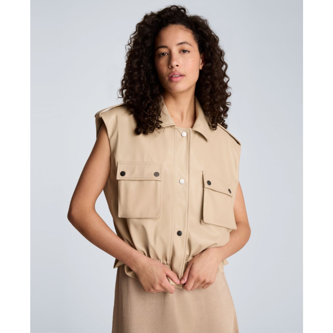 Kenneth Cole Women's Collared Sleeveless Drawcord Snap-Front Jacket