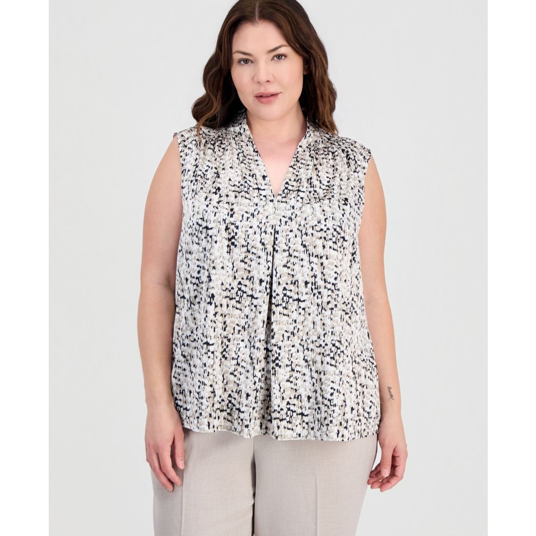 Kasper Plus Size V-Neck Front-Pleat Top