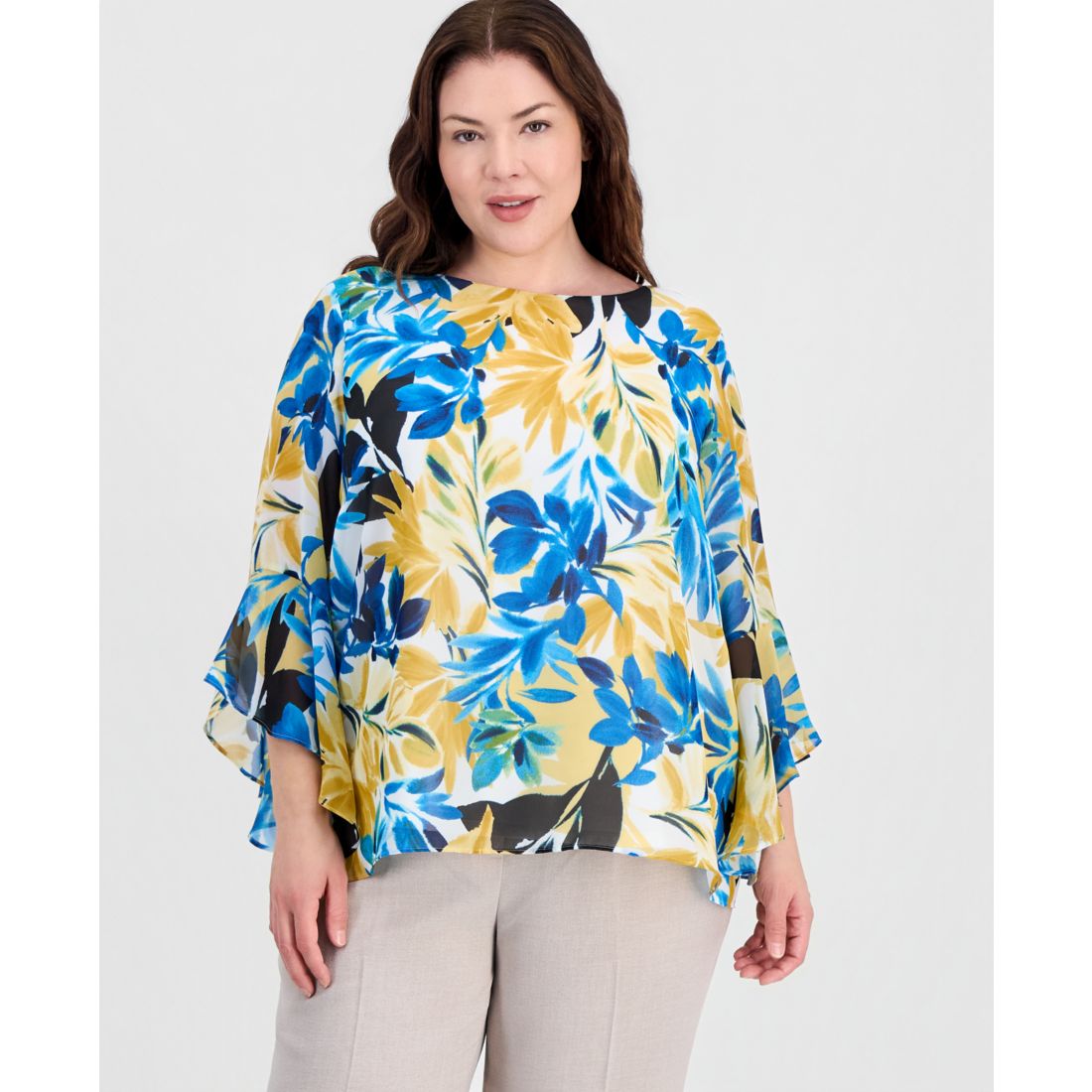 Kasper Plus Size Printed Ruffled-Sleeve Blouse