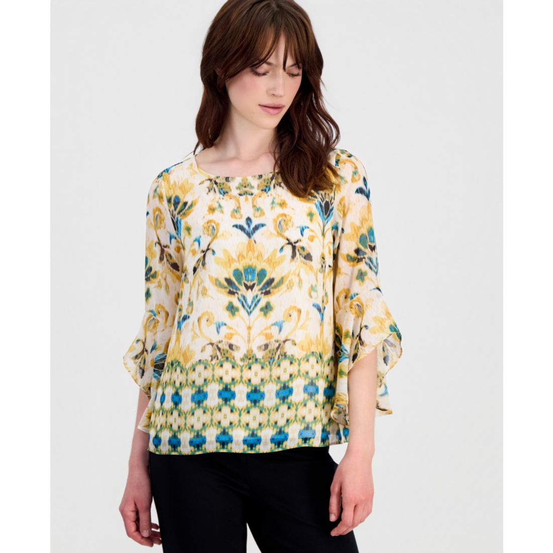 Kasper Women's Printed Ruffled-Sleeve Blouse