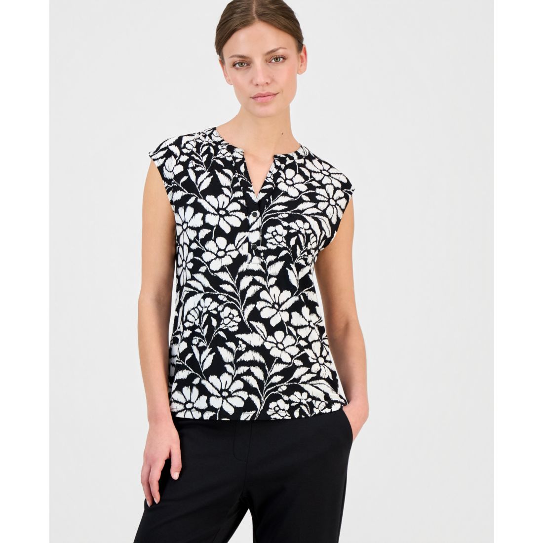 Anne Klein Essentials Petite Printed Short-Sleeve Top - Anne Black / White Dove