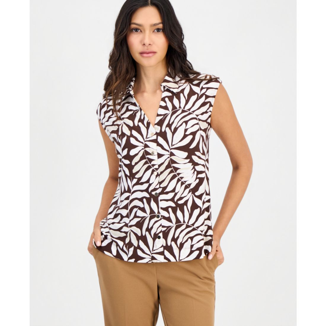 Anne Klein Essentials Petite Collared Extended-Shoulder Top - Dark Chocolate / White Dove
