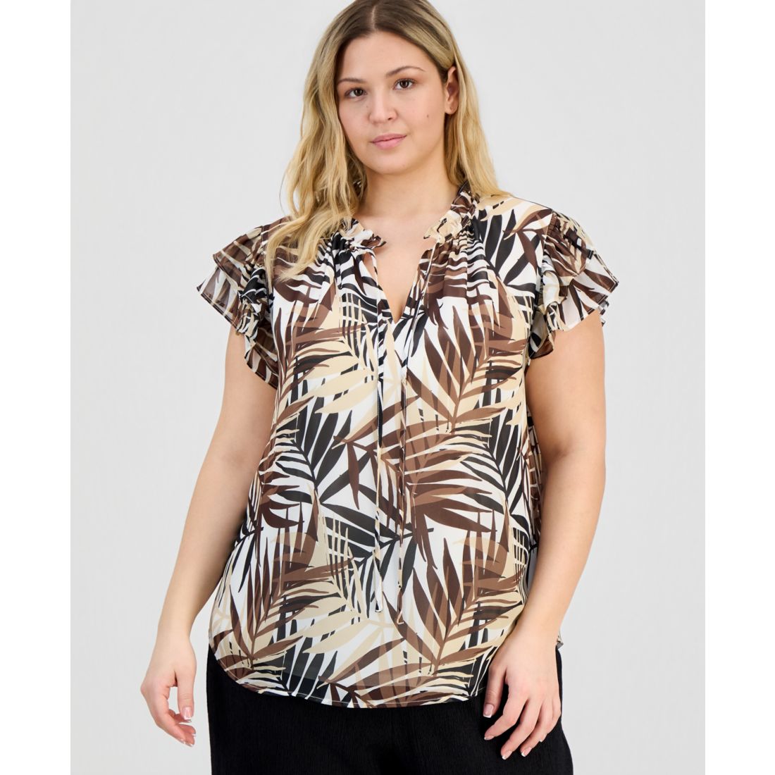 Anne Klein Plus Size Flutter-Sleeve Tie-Neck Top