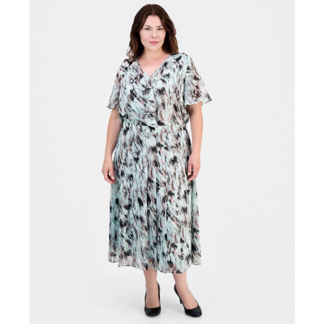 Kasper Plus Size Printed Pull-On Midi Skirt