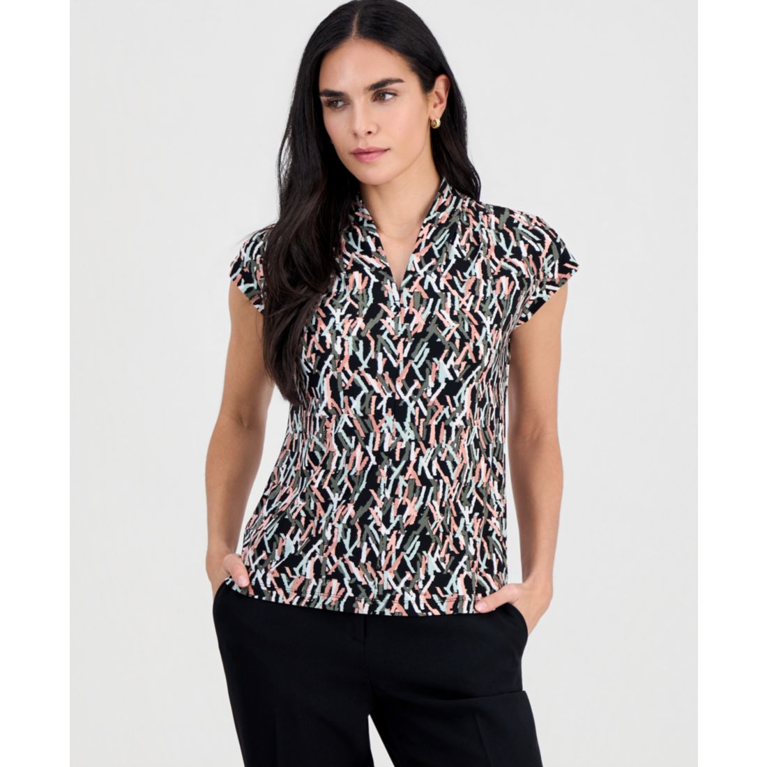 Kasper Petite Printed V-Neck Cap-Sleeve Blouse