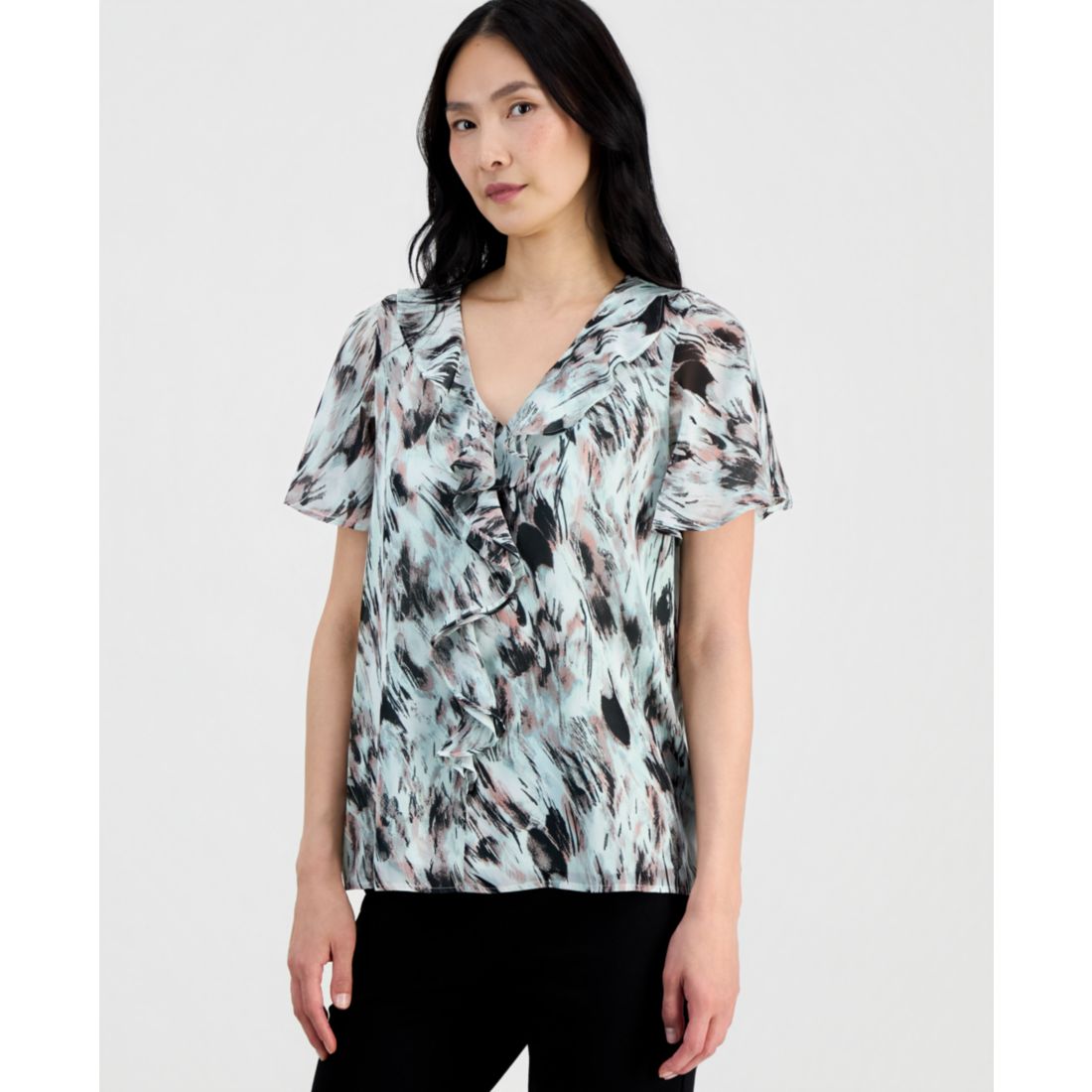 Kasper Women's Ruffle-Front Flutter-Sleeve Blouse