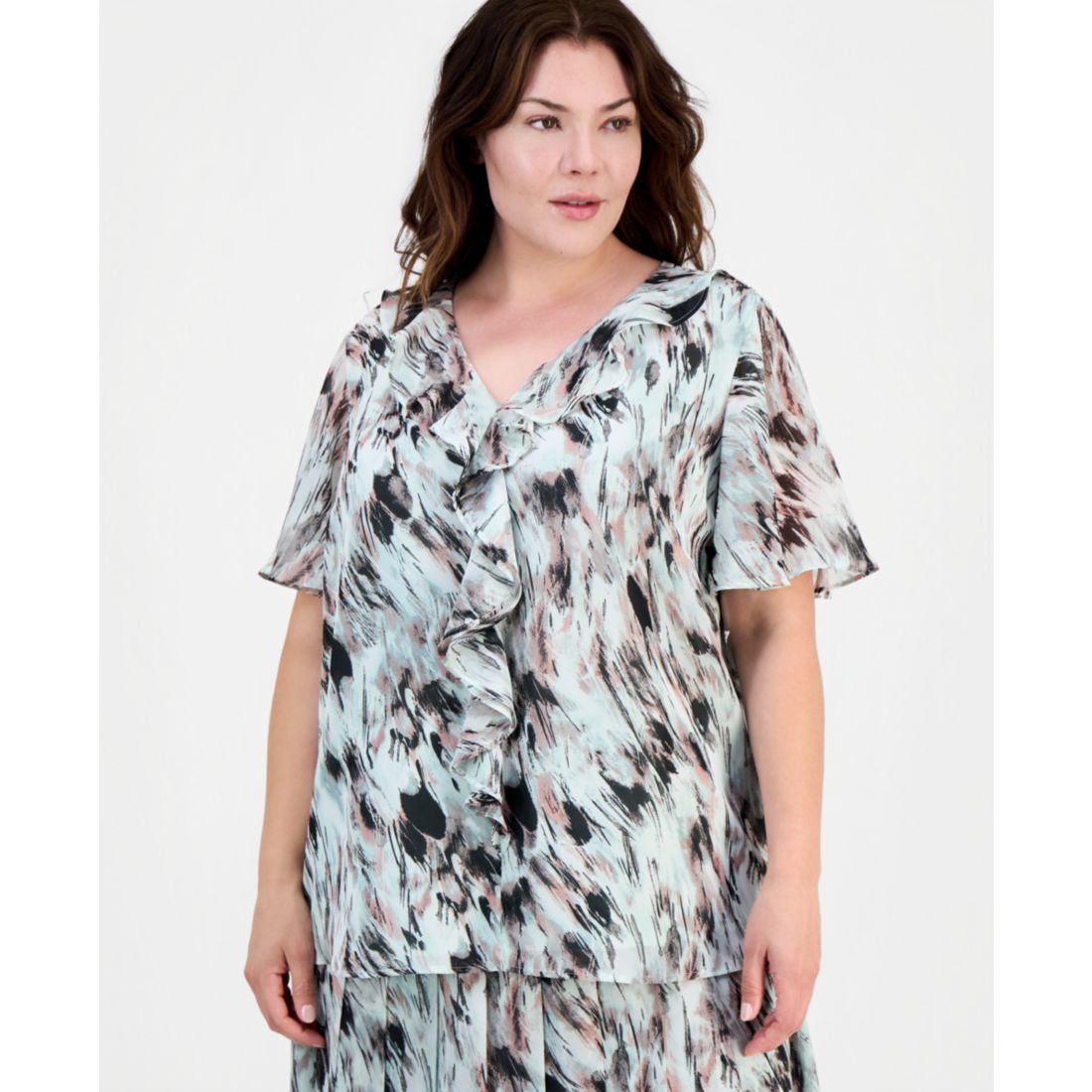 Kasper Plus Size Printed Ruffled Flutter-Sleeve Blouse