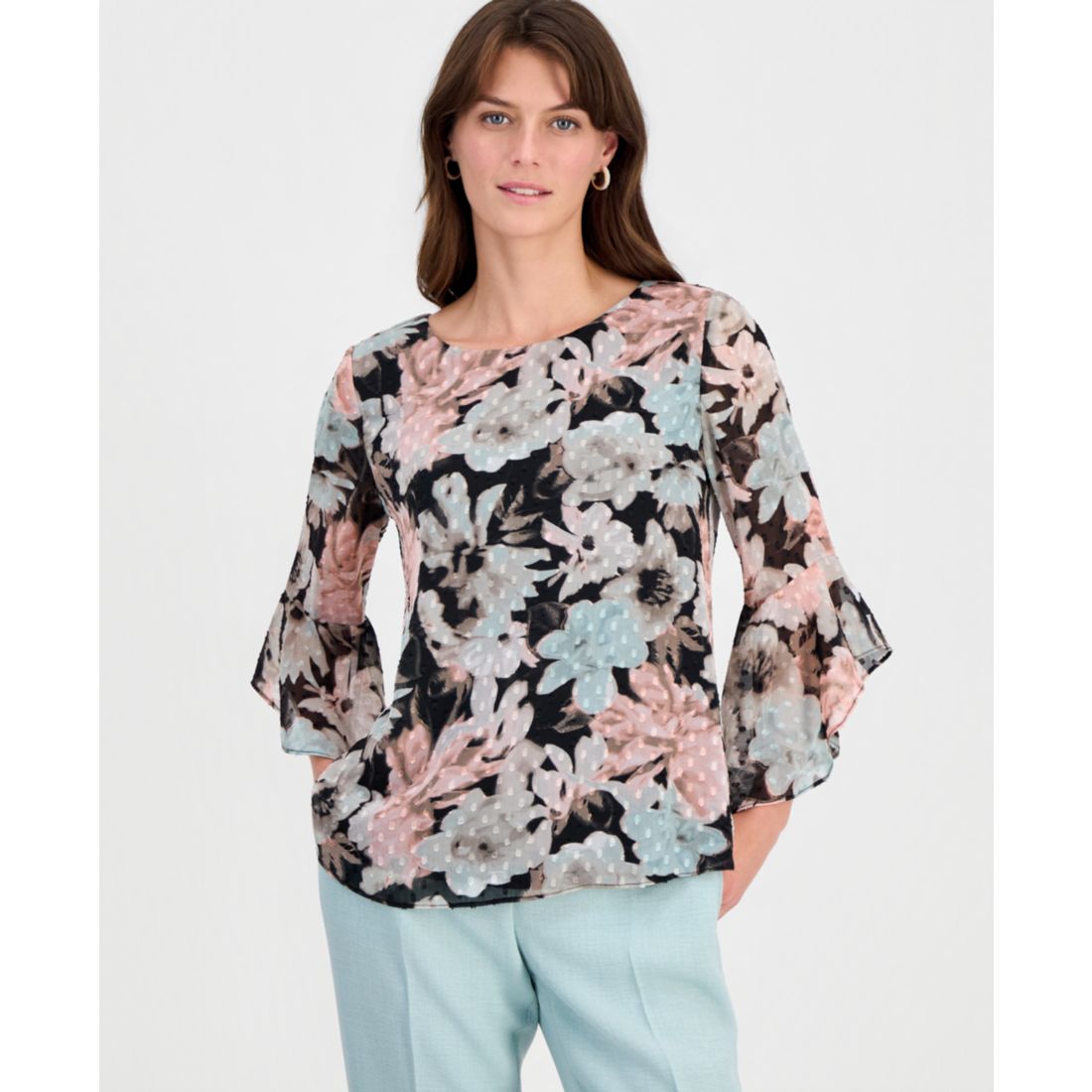 Kasper Petite Printed Boat Neck Blouse