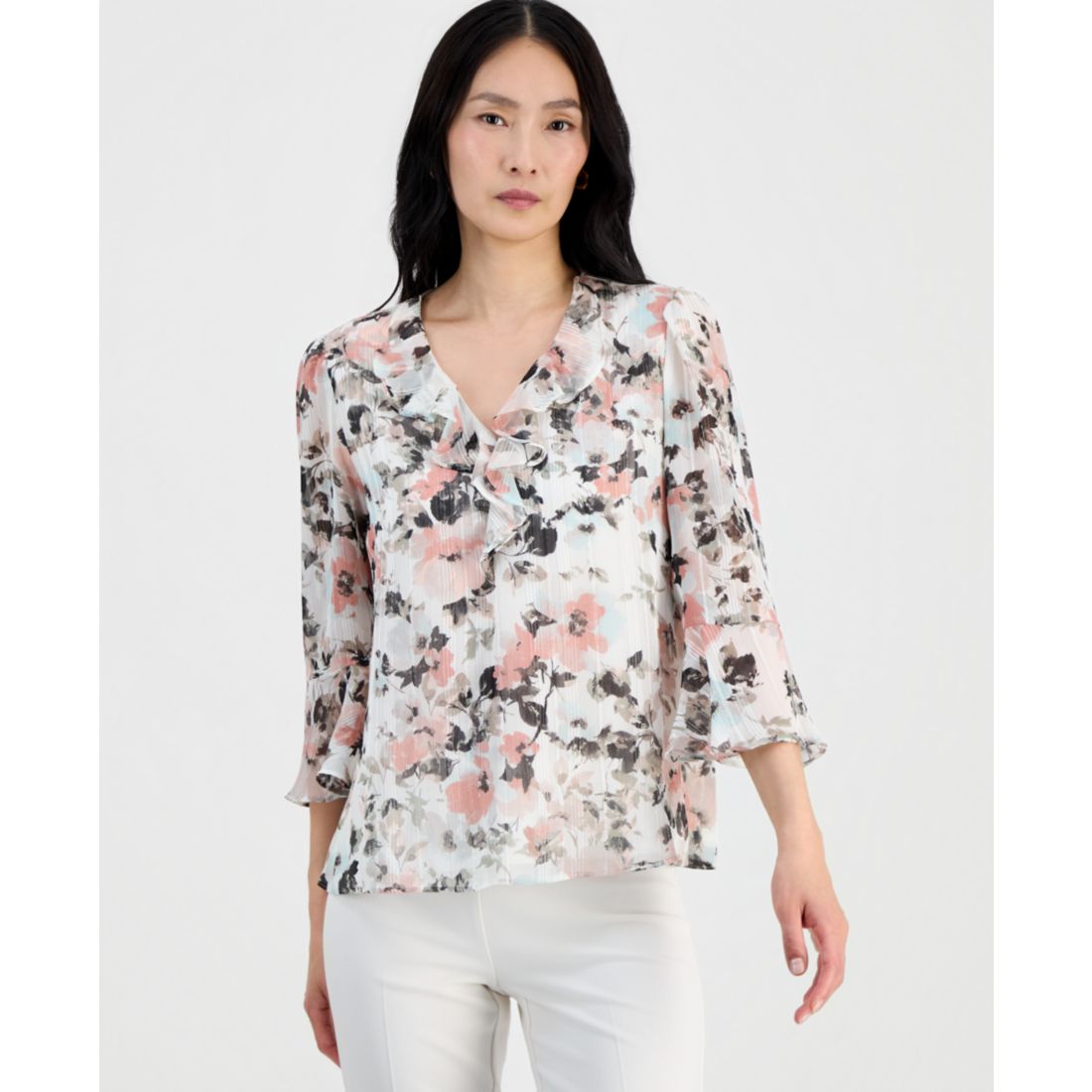 Kasper Petite V-Neck Long-Sleeve Blouse