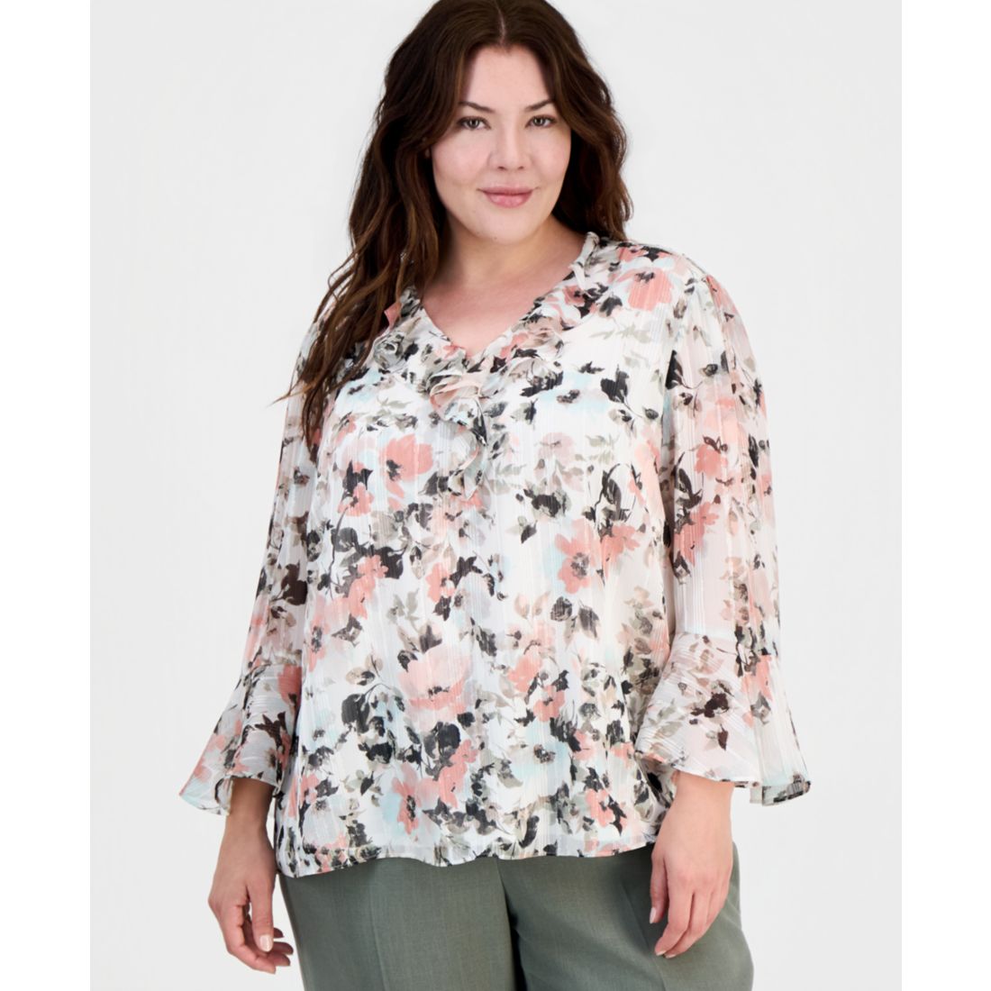 Kasper Plus size Ruffle-Front V-Neck Blouse