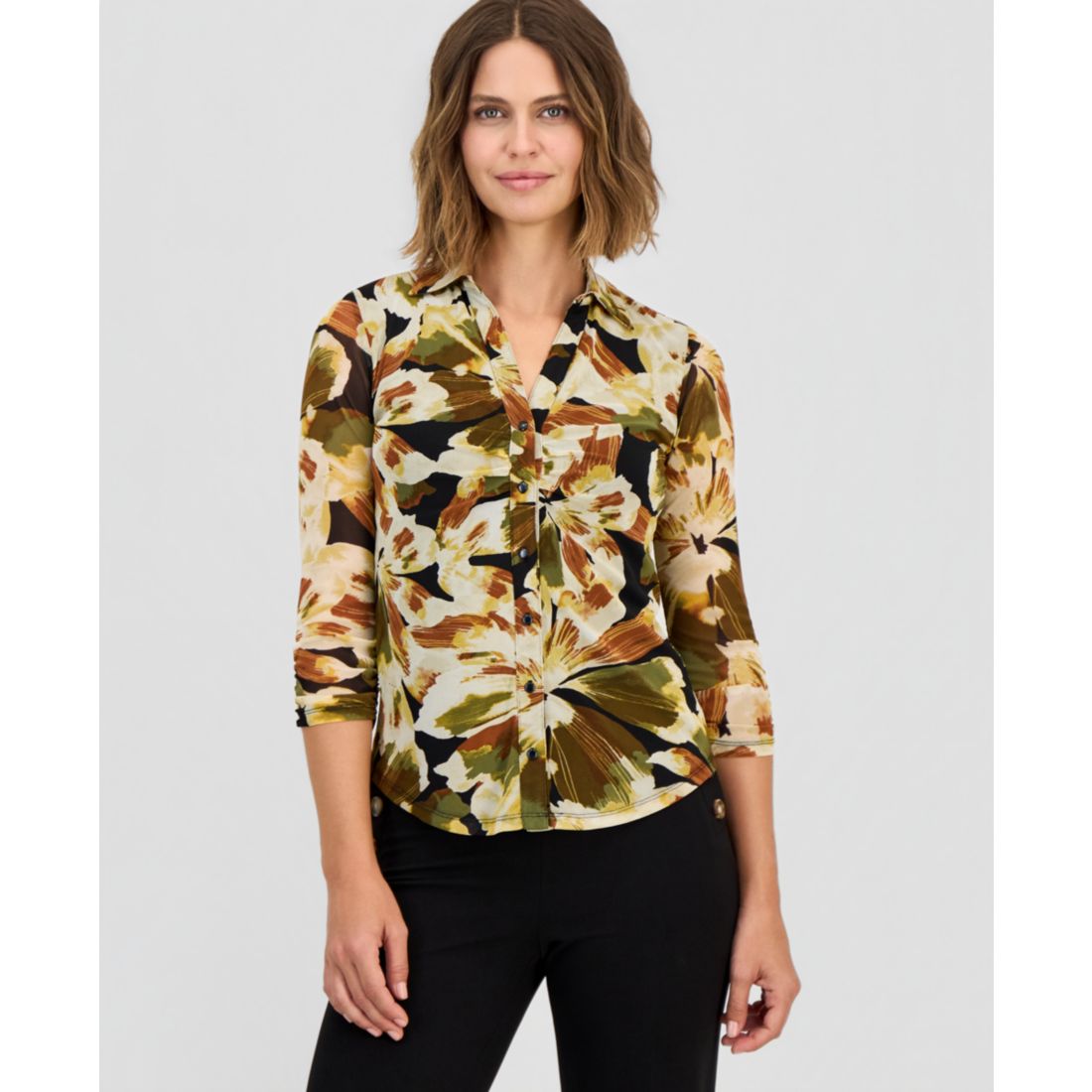 Anne Klein Petite Shirred Bust Collared Blouse