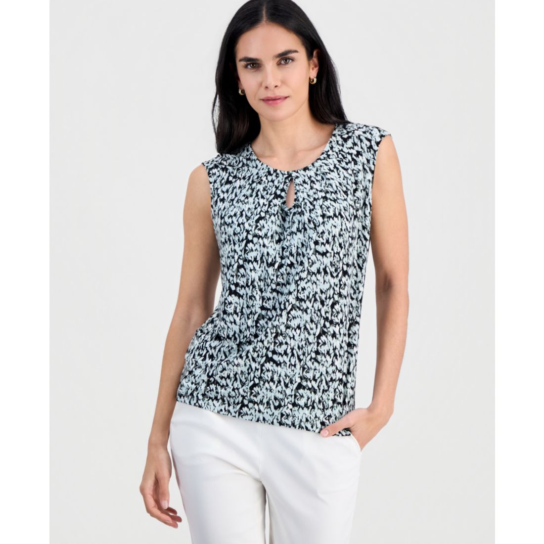 Kasper Petite Printed Keyhole Sleeveless Top