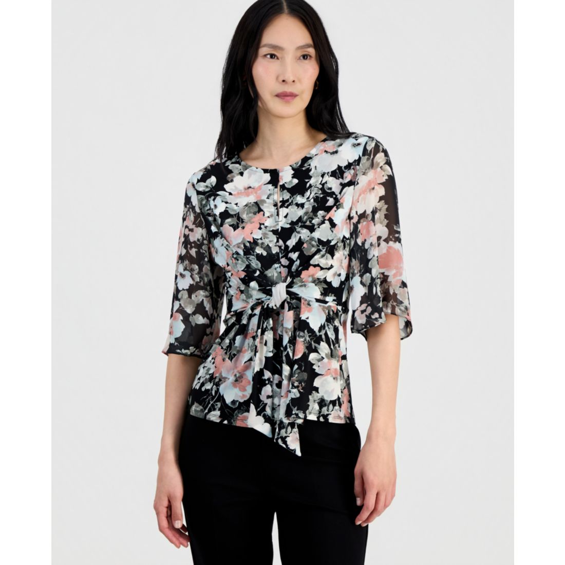 Kasper Petite Mixed-Media Tie-Front Top