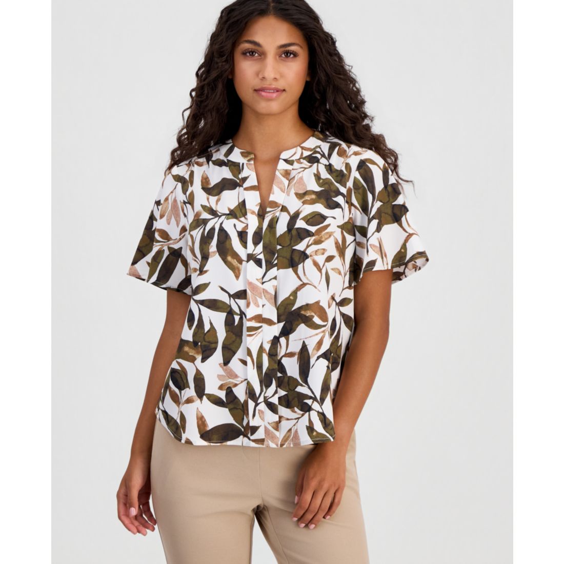 Anne Klein Essentials Petite Printed Flutter-Sleeve Top