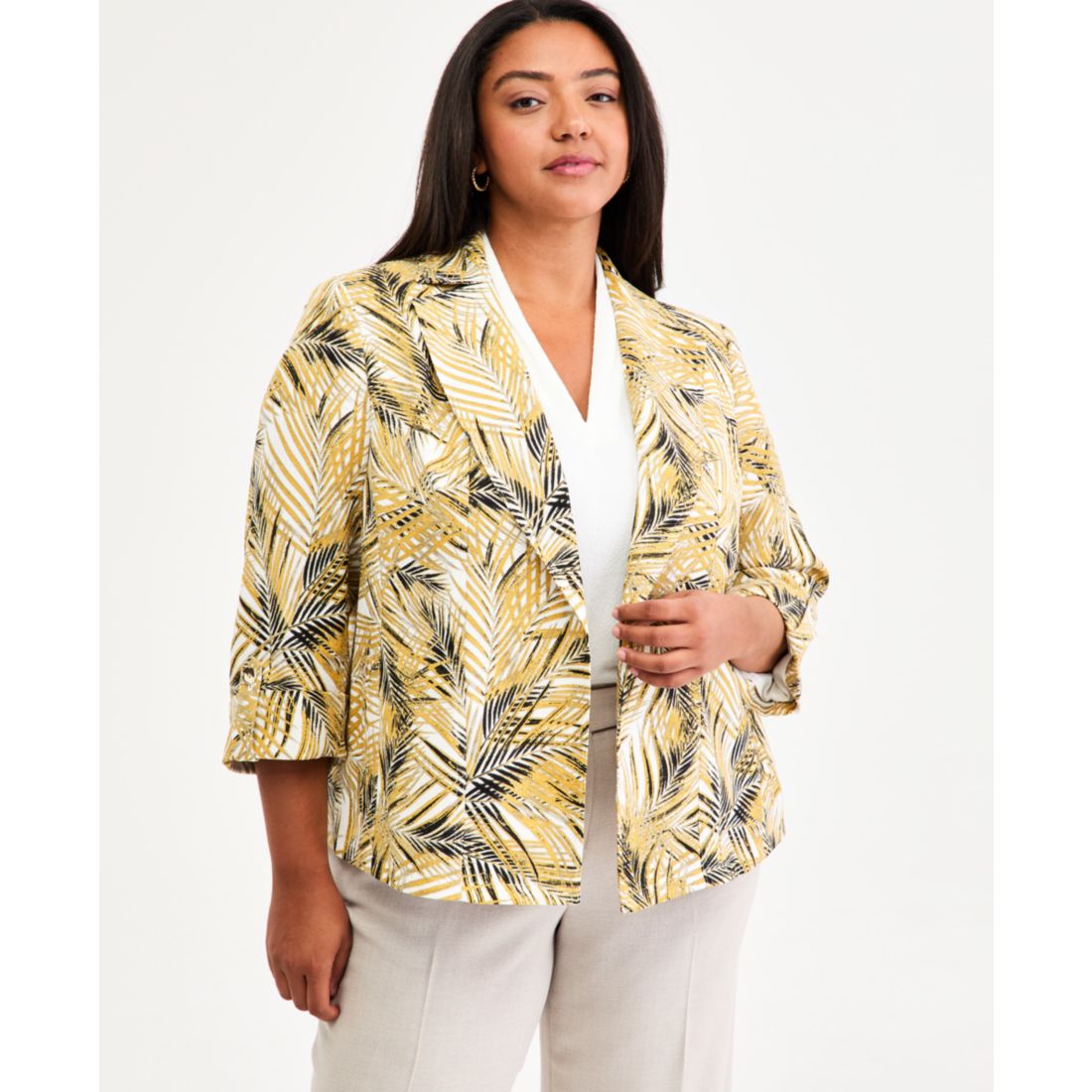 Kasper Plus Size Notch-Collar Cuff-Sleeve Open-Front Blazer