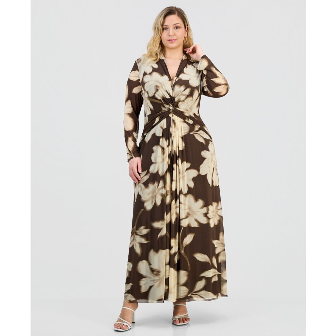 Anne Klein Plus Size Printed Twist-Front Long-Sleeve Mesh Maxi Dress