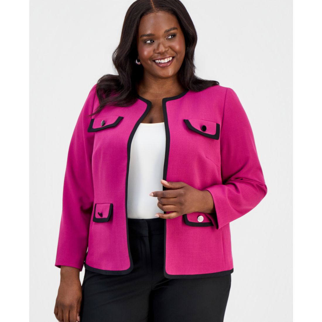 Kasper Plus Size Collarless Open-Front Framed Jacket - Cerise / Black