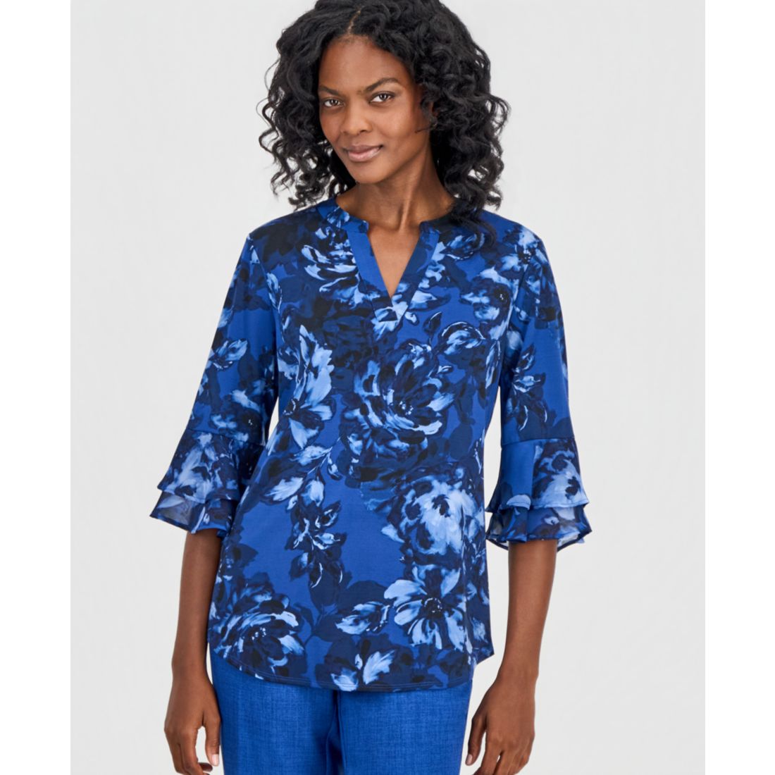 Kasper Petite Split Neck Flutter-Sleeve Blouse
