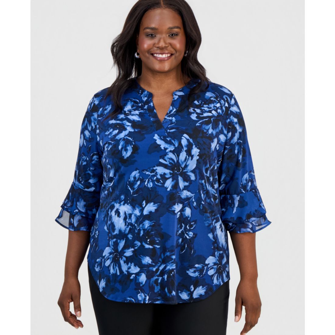 Kasper Plus Size Split-Neck Printed Flutter-Sleeve Top