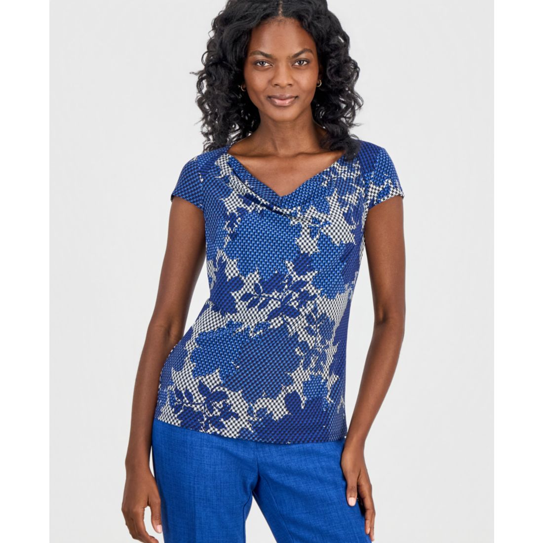 Kasper Women's Printed Cowl-Neck Cap-Sleeve Top