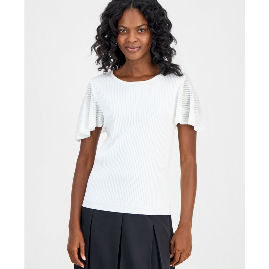 Kasper Petite Crewneck Flutter-Sleeve Sweater
