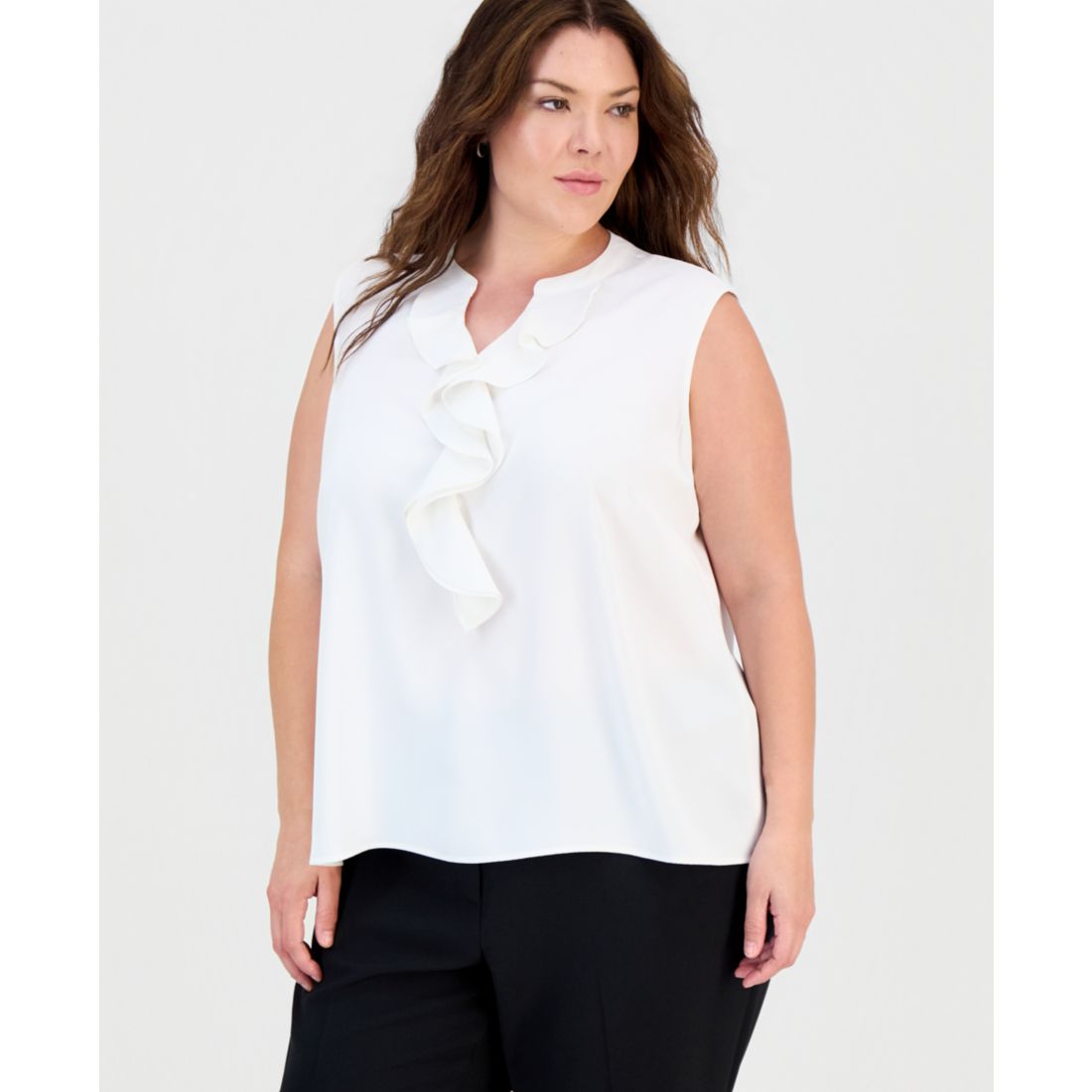 Kasper Plus Size Ruffle Split-Neck Sleeveless Top