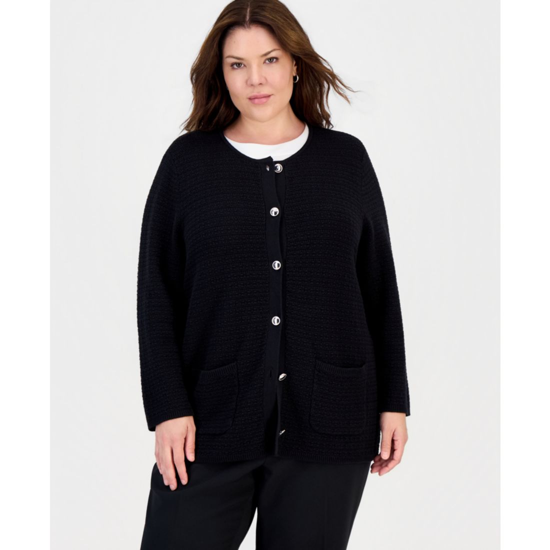 Kasper Plus Size Textured-Knit Patch-Pocket Cardigan