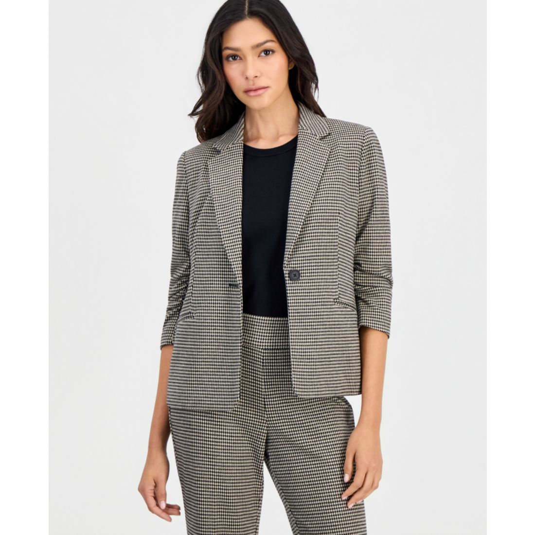 Anne Klein Essentials Petite Houndstooth Scrunch-Sleeve Blazer