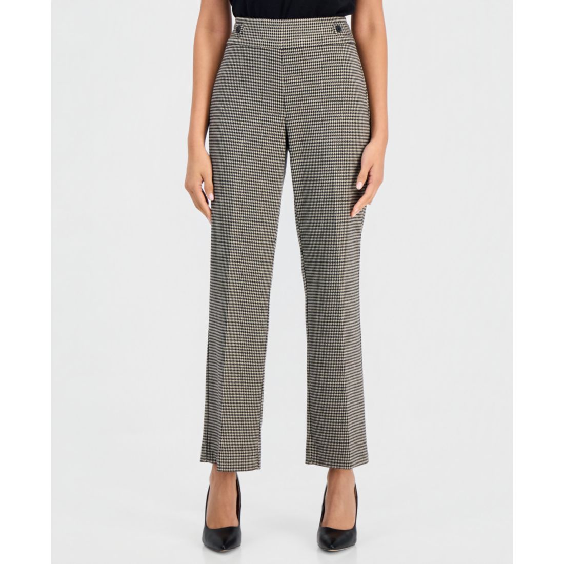 Anne Klein Essentials Petite Houndstooth Pull-On Mid-Rise Trouser, 28-1/2" Inseam