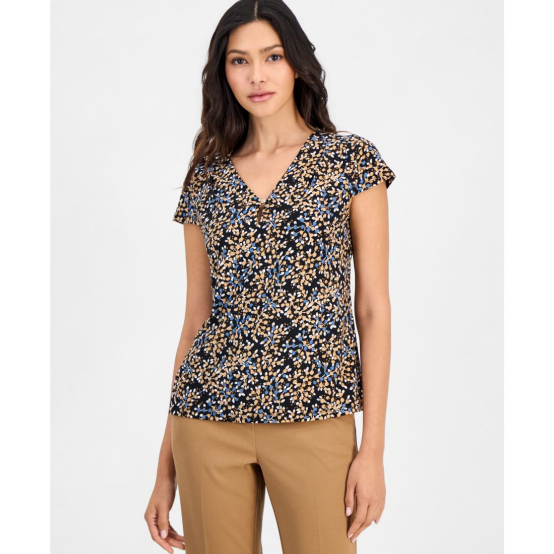 Anne Klein Essentials Petite Printed Pleated-Neck Cap-Sleeve Top